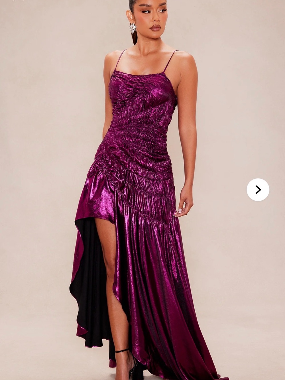 Fashion Nova Metallic Plum High-Low Ruched Slip Dress